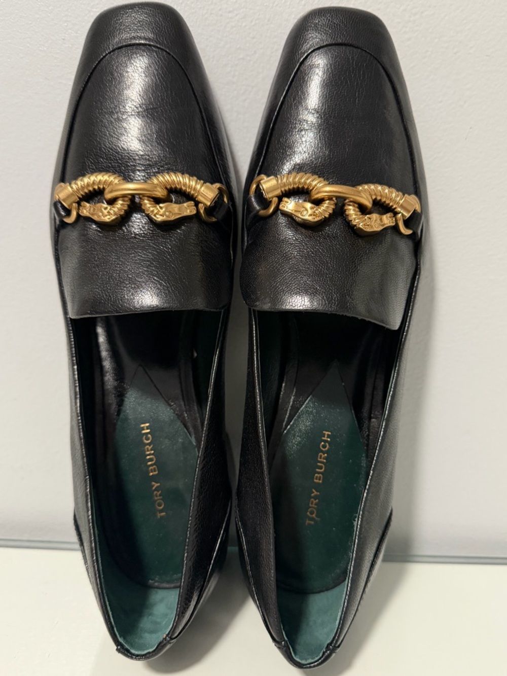 Tory Burch Jessa Loafers Black Leather Block Heel Loafers with Gold Chain Accent - Picture 9 of 11